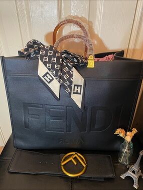 Fashion Black Embossed Logo Tote with Monogram Scarf and Gold Accent.